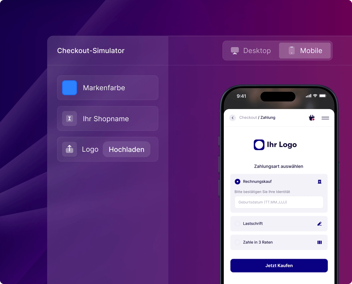 Abbildung unserer Zahlungsmethoden im Checkout auf einem Mobiltelefon
