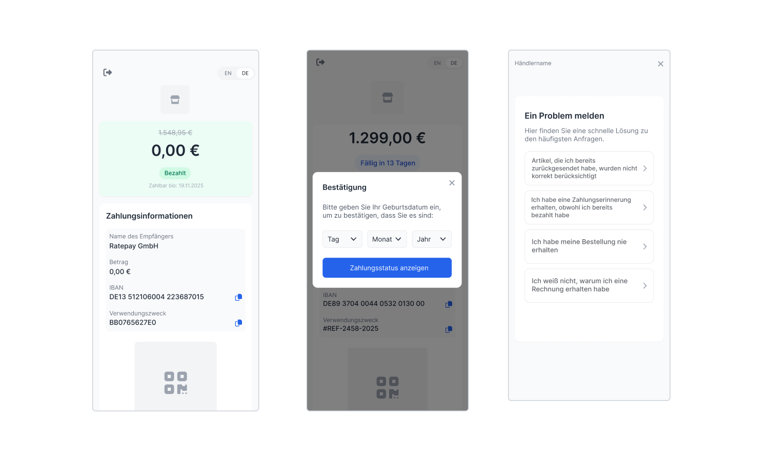 Drei Screenshots des Buyer Portals von Ratepay für Smartphones.