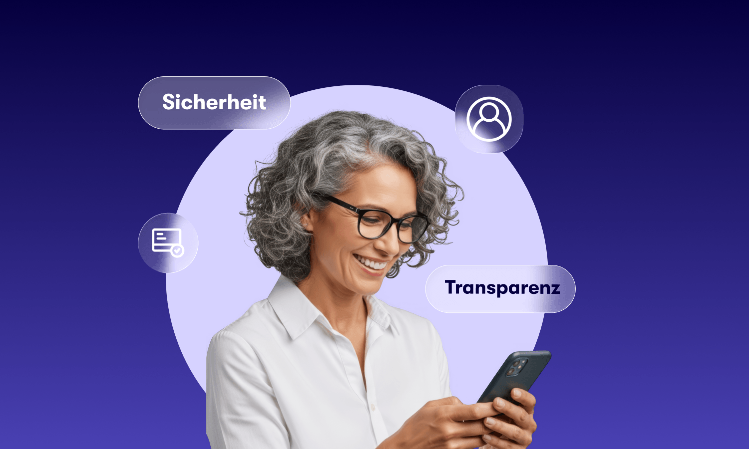 Glückliche Frau schaut auf das Buyer Portal
