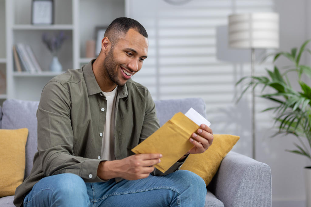 Mann auf Sofa glücklich über Post